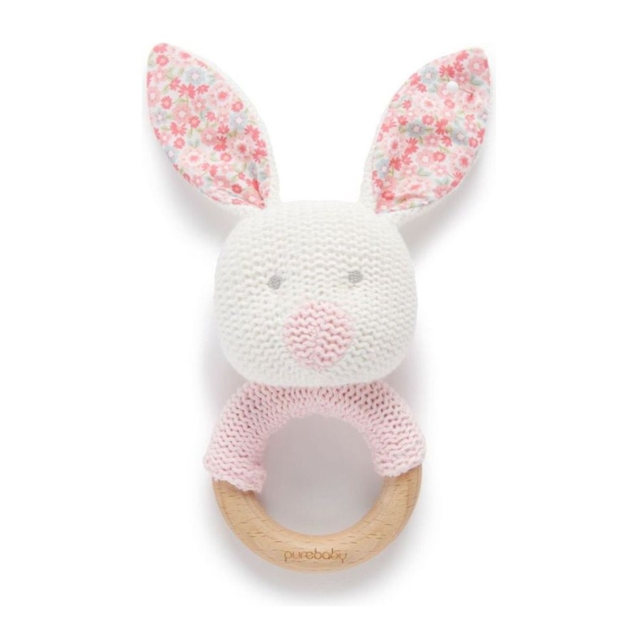 Little Ones. Heysmed | Purebaby Knitted Rattle - Wooden Handle